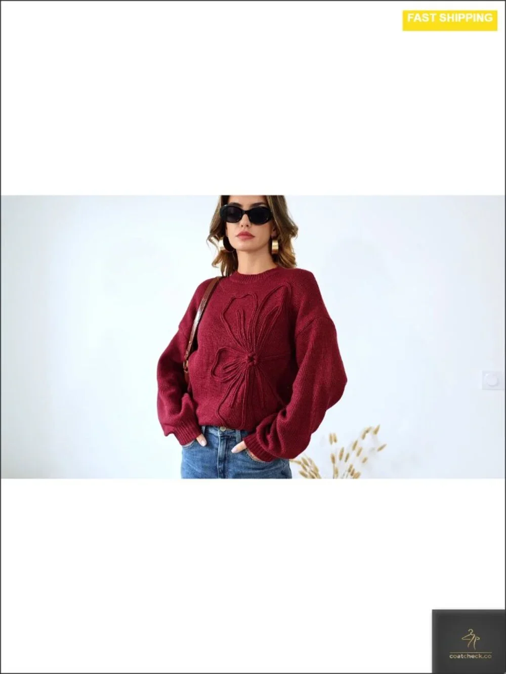 Oversized Floral Knit Pullover Sweater Long Lantern Sleeve Crewneck